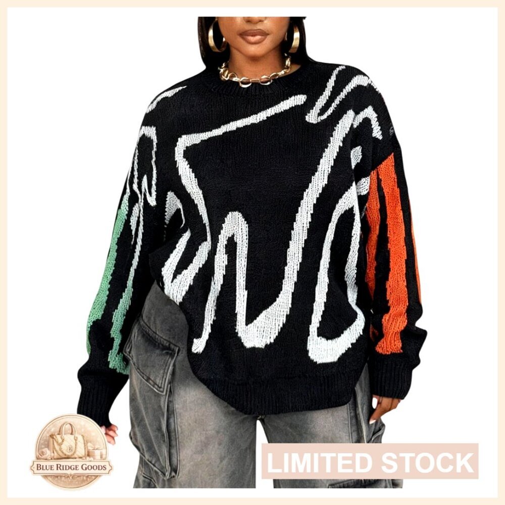 Graphic Oversized Knit Pullover Sweater Long Sleeve Crew Neck Y2K Chic